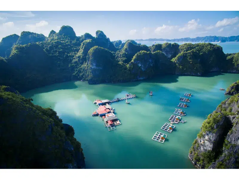 Vista aérea de pueblo flotante en la Bahía de Halong, Vietnam