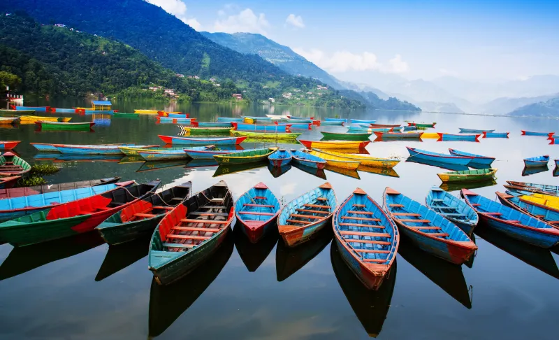 Barcas de colores en el lago Phewa de Pokhara al amanecer en un viaje a Nepal.